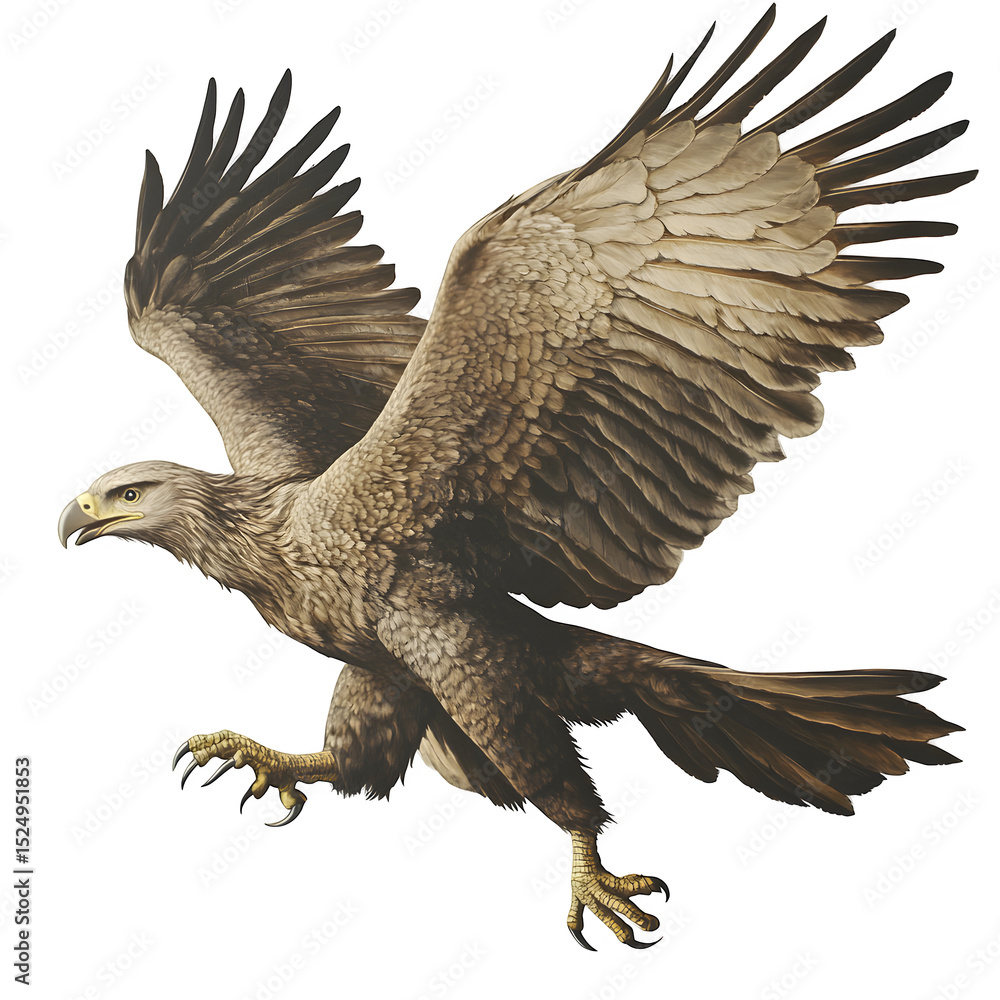 Obraz premium A griffin mid-flight, wings expanded and talons out, regal and fierce, no background