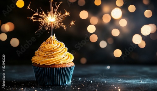 Sparkling Cupcake Celebration With Festive Bokeh Lights in the Background.