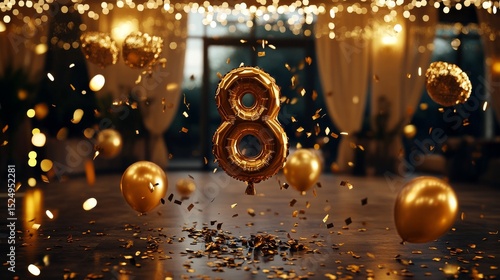 Celebratory Decorations Featuring Gold Balloons and Sparkles for a Special Bi...