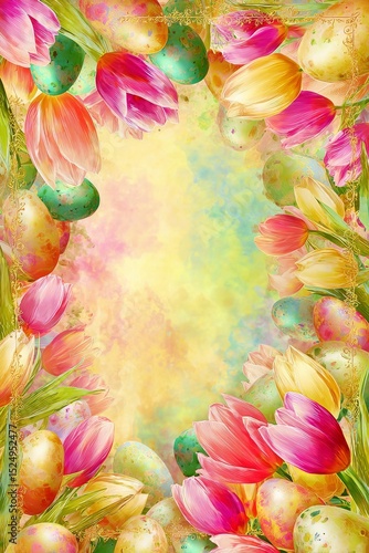 Colorful Tulips and Decorated Eggs Create a Vibrant Spring Background for Cel...