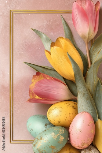 Colorful Tulips and Decorated Eggs Create a Vibrant Spring Background for Cel...
