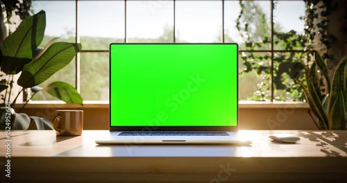 Laptop with a green screen in a sunlit office, surrounded by plants and placed on a wooden desk, with camera forward movement animation and trees visible in the background video. CGI render