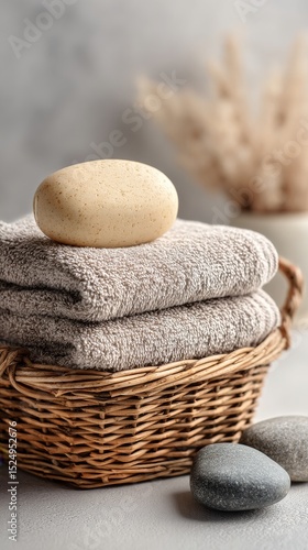 Soft Towels and Smooth Stones Arranged in a Cozy Basket for a Relaxing Spa Ex...