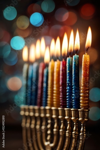 Menorah Lights Shining Brightly During Hanukkah Celebration at a Festive Gath...