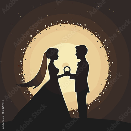 Bride and groom exchanging wedding ring silhouette against moonlight  