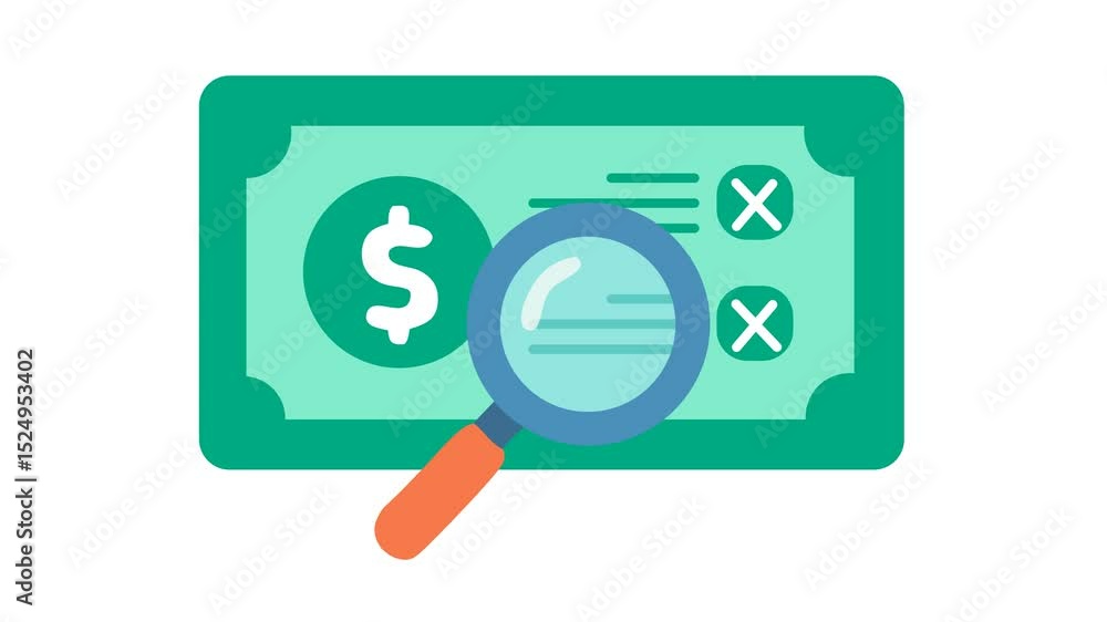 Fake Check Animation Rejected check mark on financial audit and verification icon in cartoon ...