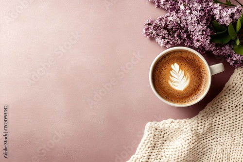 Warm Cup of Coffee Surrounded by Lilac Flowers on a Soft Knitted Blanket.