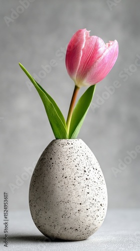 Elegant Pink Tulip in a Speckled Vase on a Simple Gray Background During Dayl...