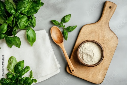 Basil Leaves and Flour on a Wooden Cutting Board in a Kitchen Setting