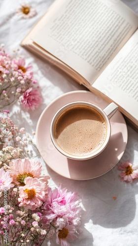 Enjoying Coffee With a Book Amidst Beautiful Spring Flowers in a Cozy Setting