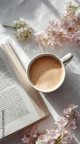Enjoying Coffee With a Book Amidst Beautiful Spring Flowers in a Cozy Setting.