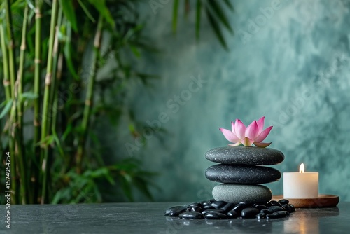 Relaxing Spa Setting With Stones, Bamboo, Lotus Flower, and Candle in Serene ...