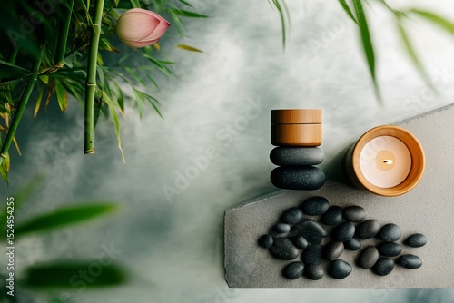 Relaxation Setup With Stones, Candle, and Lotus Flower on a Gray Surface