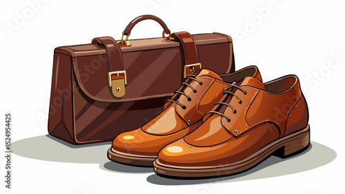 Elegant brown oxford shoes paired with a polished leather briefcase. Close-up shot on white. Ideal for formal meetings, showcasing timeless craftsmanship and business-class style.

