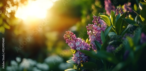 Purple Flowers Bloom in a Vibrant Garden During Golden Hour, Showcasing Natur...