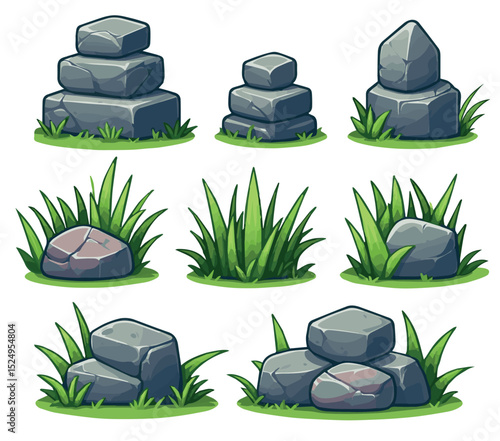 set of grass and stones in white background simple vector