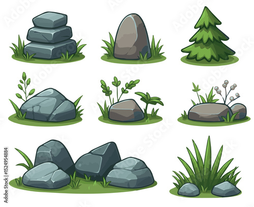 set of green stones and leaves in white background 