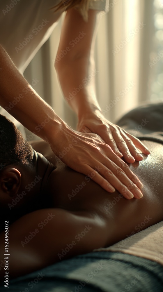 Fototapeta premium Relaxing Massage Therapy Session in a Soft-Lit Room Promotes Wellness and Tranquility