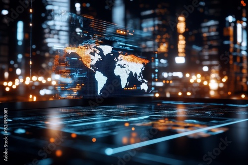 Digital Map on Display in Modern Office During Evening With Ambient Lighting.