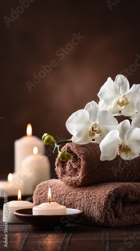 Relaxing Spa Setting With Candles, Towels, and Flowers Creates a Soothing Atm...