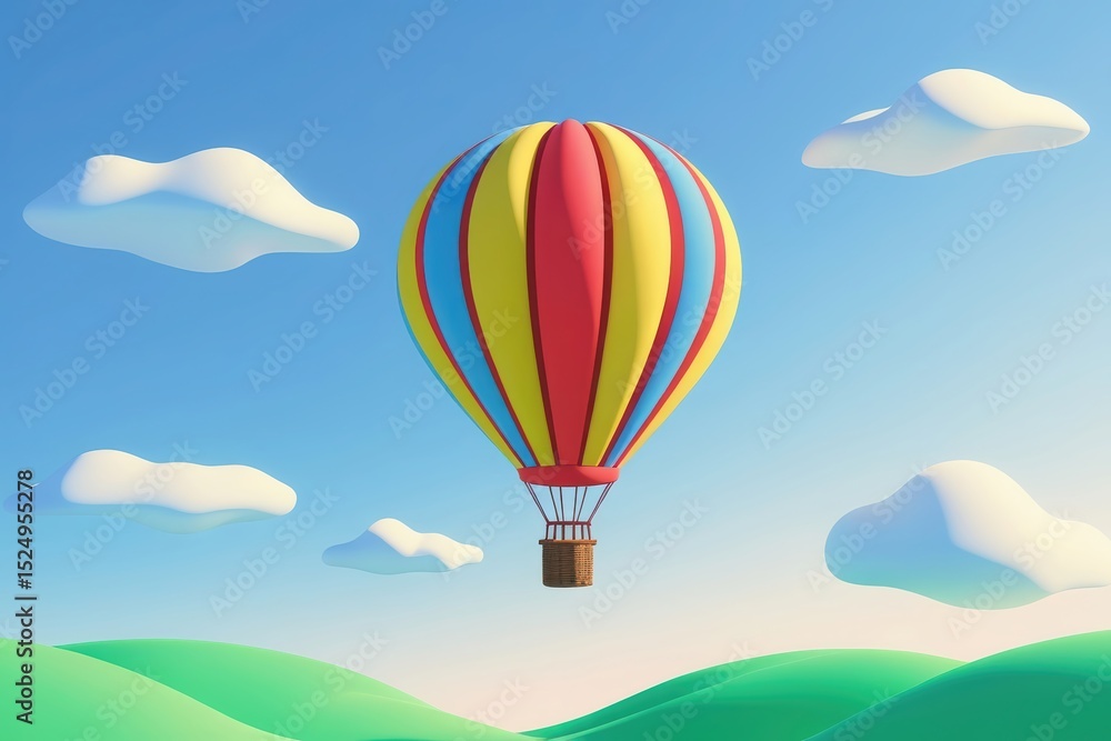 Fototapeta premium A colorful hot air balloon with red, yellow, and blue stripes floats in the sky above green hills and clouds