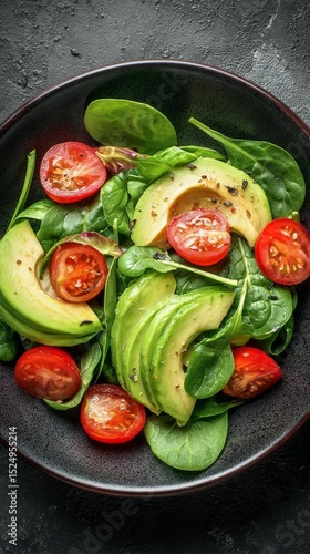 Fresh Spinach Salad With Avocado and Cherry Tomatoes Served in a Black Bowl.