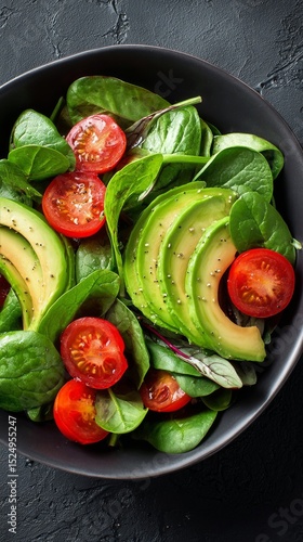 Fresh Salad With Spinach, Tomatoes, and Avocado Served in a Black Bowl