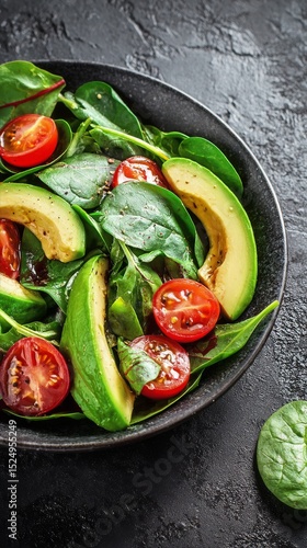 Fresh Salad With Spinach, Tomatoes, and Avocado Served in a Black Bowl.