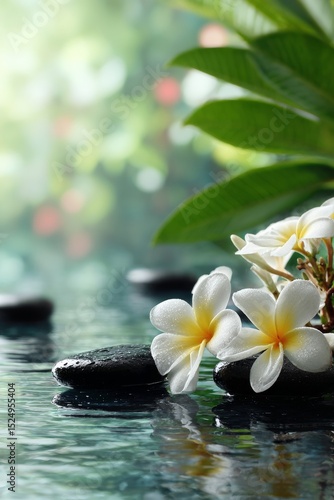Tranquil Spa Garden With Flowers and Smooth Stones Beside a Serene Pool.