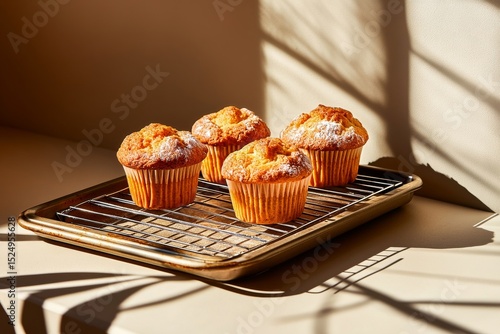 Muffins Cooling on a Wire Rack in a Warm Kitchen Setting During the Afternoon.