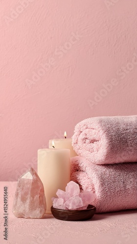 Spa Setting With Pink Towels, Candles, and Rose Quartz on a Soft Pink Backgro...