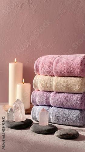 Soft Towels and Decorative Crystals Arranged Near Candles on a Calming Surface