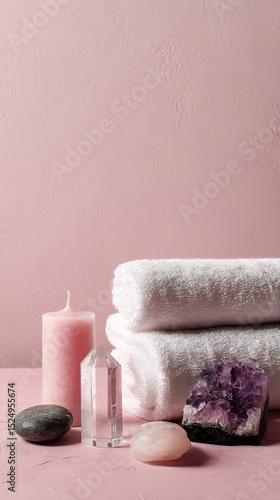 Soft Towels and Decorative Crystals Arranged Near Candles on a Calming Surface.