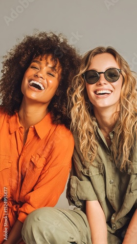 Two Women Smile Brightly While Posing Together in Casual Outfits During a Stu...