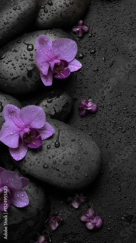 Blooms and Stones Create a Serene Composition in a Tranquil Setting.