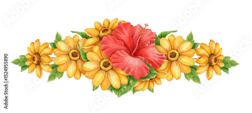 Wallpaper Mural Red Hibiscus flower and sunflower wide bouquet arrangement. Hand drawn watercolor with floral and leaf. Vacation vibe graphic element. Perfect for summer card templates and holiday season design. Torontodigital.ca