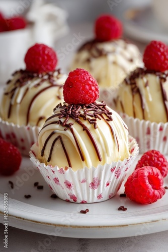 Delicious Dessert Featuring Chocolate and Raspberry Treats on a White Plate.