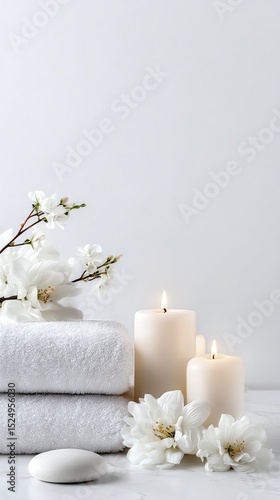 Relaxing Spa Setup With Candles, Towels, and Flowers on a Serene Background