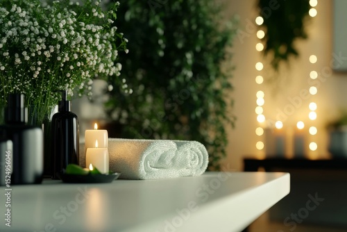 Relaxing Spa Setup With Candles, Towels, and Plants in a Tranquil Environment
