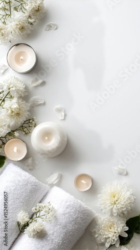 Relaxing Spa Setup With Candles, Towels, and Flowers on a Serene Background.