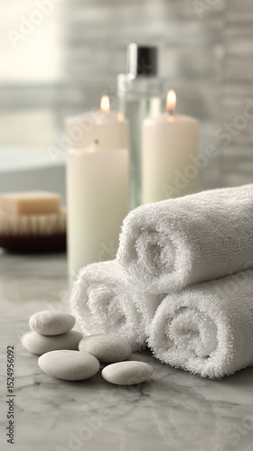Relaxing Spa Setup With Towels, Candles, and Stones in Tranquil Environment.