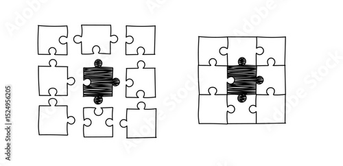 Doodle set of black line puzzle pieces. Jigsaw grid puzzle 9 pieces. Puzzle sketch