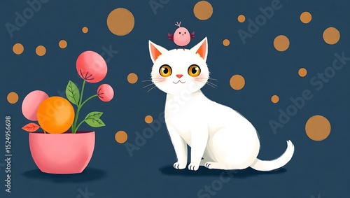 Cute cat and bird illustration art