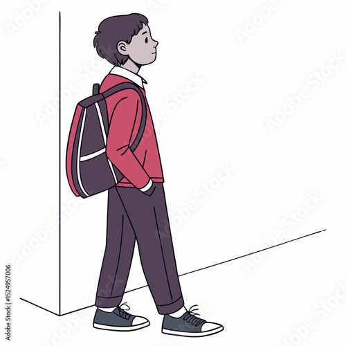 A Student's Moment of Reflection: A young student, burdened with a backpack, finds a moment of quiet contemplation against a stark white wall.