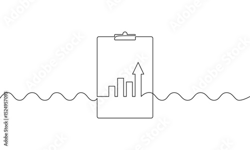 Continuous line drawing of clipboard with bar chart. Illustration vector of increasing arrow up. Single line art of business growth. Object one line of flat icon sign symbol