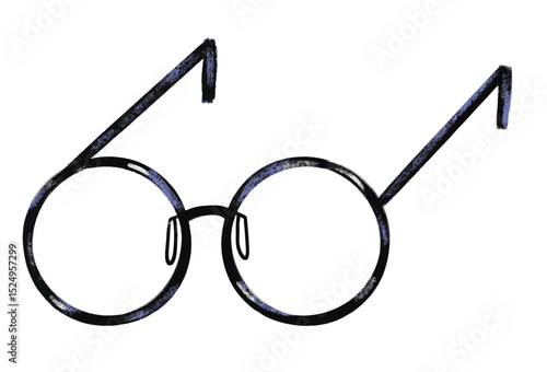 Cute hand drawn nerdy rounded glasses in black blue pastel colors kids doodle watercolor crayon illustration sticker clipart vector