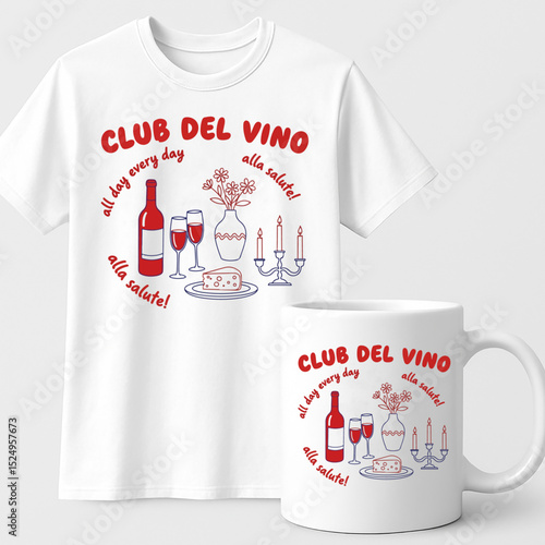 Club del Vino T-shirt and Mug Design– Elegant Wine and Cheese Illustration with Italian Quote