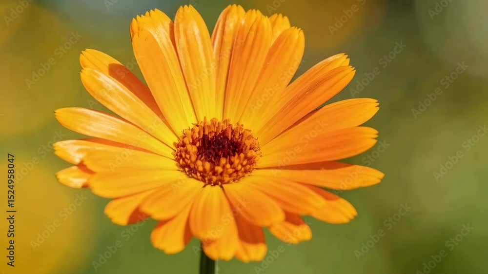 Close-up vibrant orange calendula flower blooming in outdoor garden setting on blurred green background with bokeh highlights, highlighting flower petals and details. Close-up vibrant orange calendula flower blooming in outdoor garden setting on blurred green background with bokeh highlights, highlighting flower petals and details.