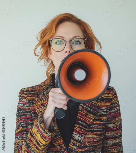 Confident redhead professional, donning glasses and a vibrant coat, commands attention with a megaphone in hand, her expression resolute.