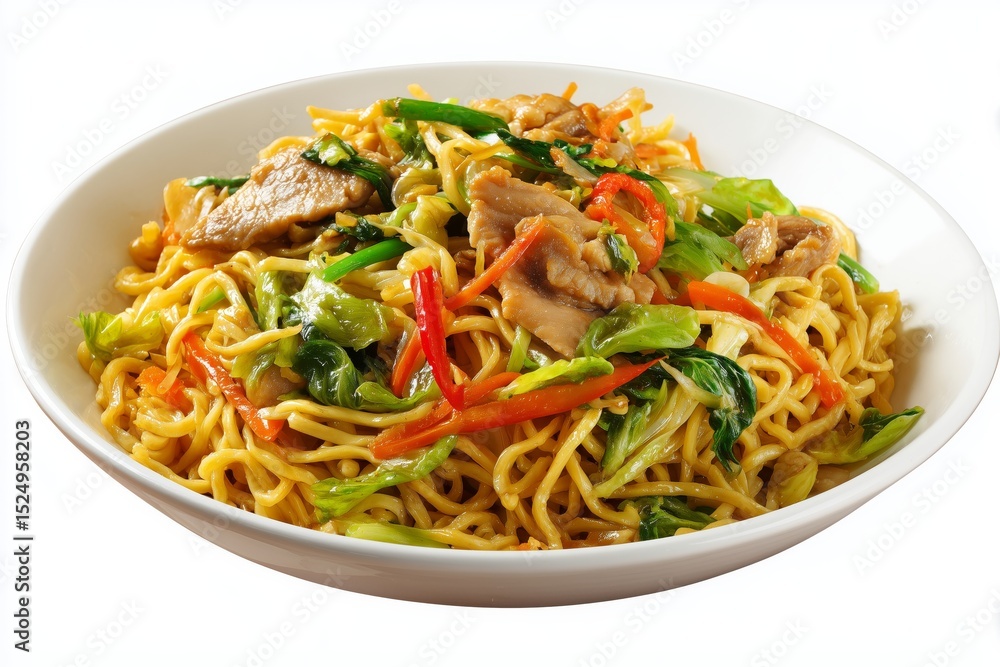 Delicious mie goreng featuring stir-fried noodles, fresh vegetables, and a choice of protein served on a white background, perfect for any meal or craving Delicious mie goreng featuring stir-fried noodles, fresh vegetables, and a choice of protein served on a white background, perfect for any meal or craving